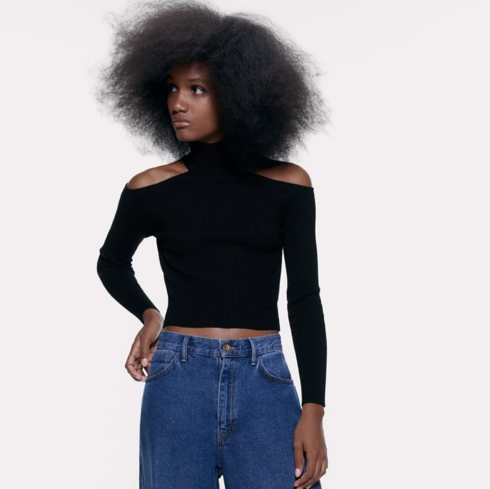 Zara textured sweater with cut outshoulder